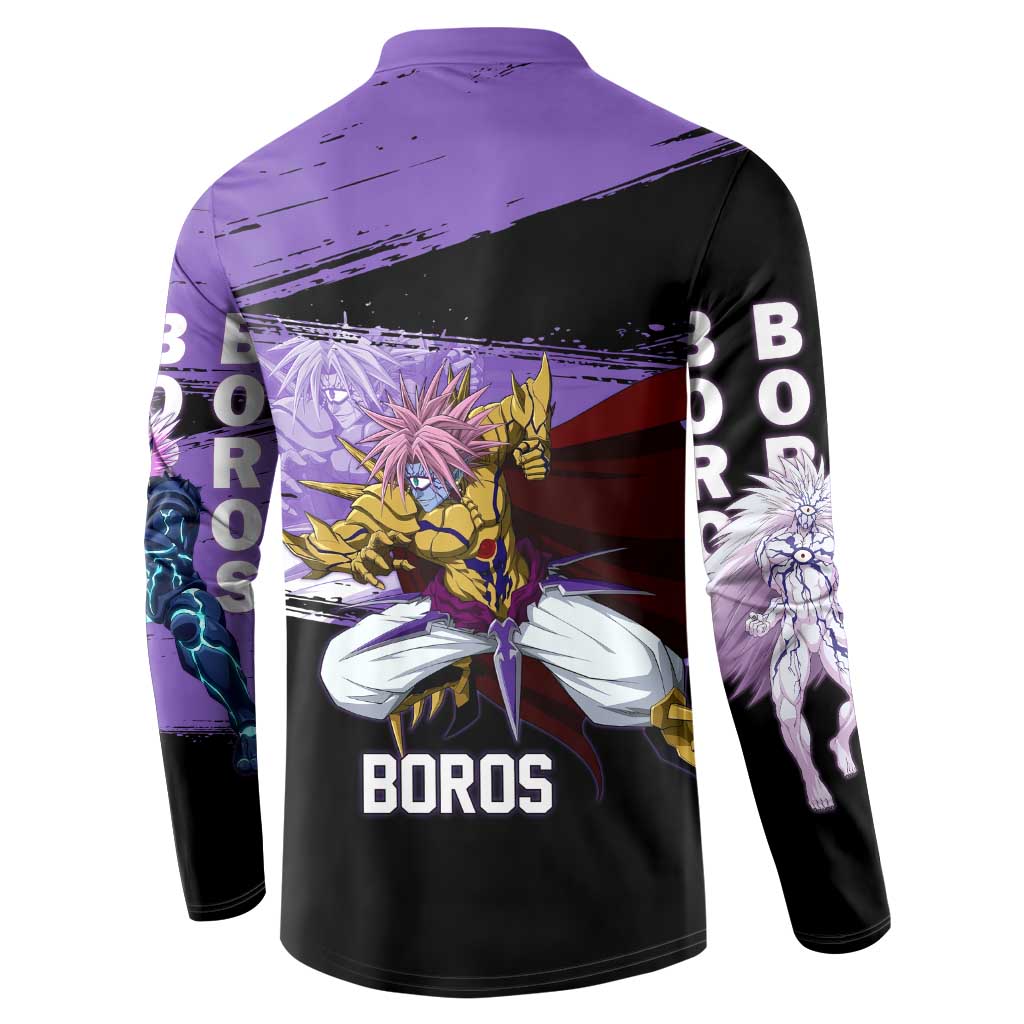 Boros One Punch Man Anime Purple and Black Theme Button Sweatshirt with Galactic Overlord Design and Intense Battle Stance - The Mazicc