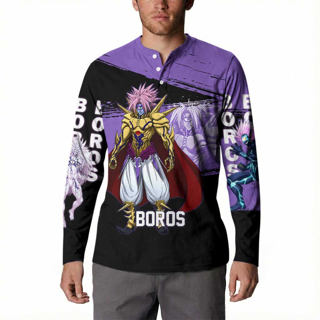 Boros One Punch Man Anime Purple and Black Theme Button Sweatshirt with Galactic Overlord Design and Intense Battle Stance - The Mazicc