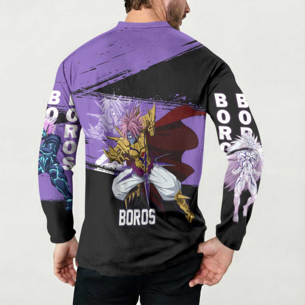 Boros One Punch Man Anime Purple and Black Theme Button Sweatshirt with Galactic Overlord Design and Intense Battle Stance - The Mazicc