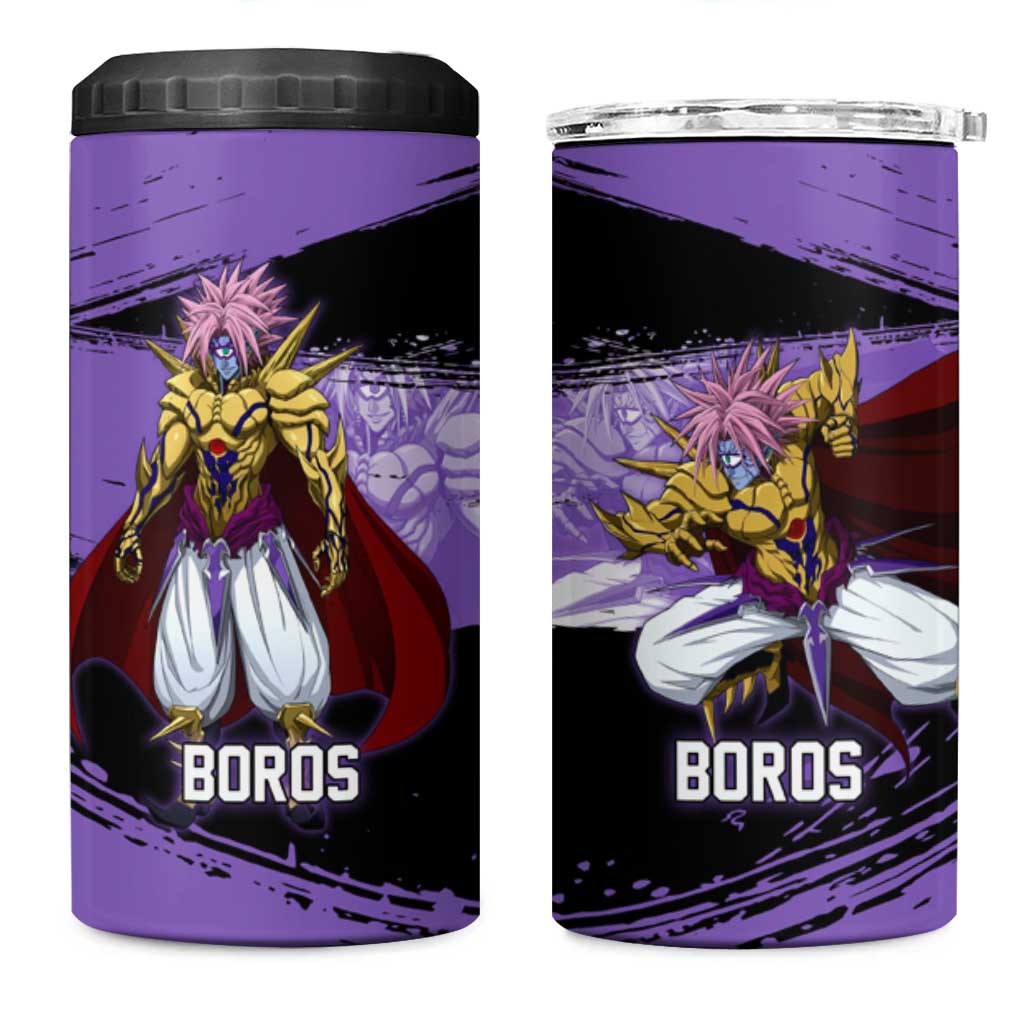 Boros One Punch Man Anime Purple and Black Theme 4 in 1 Can Cooler Tumbler with Galactic Overlord Design and Intense Battle Stance - The Mazicc