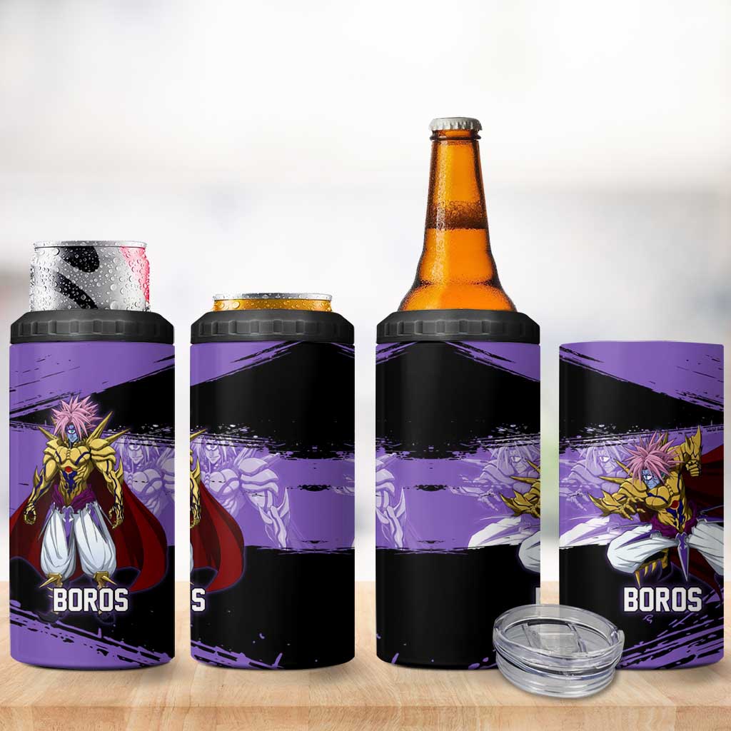 Boros One Punch Man Anime Purple and Black Theme 4 in 1 Can Cooler Tumbler with Galactic Overlord Design and Intense Battle Stance - The Mazicc