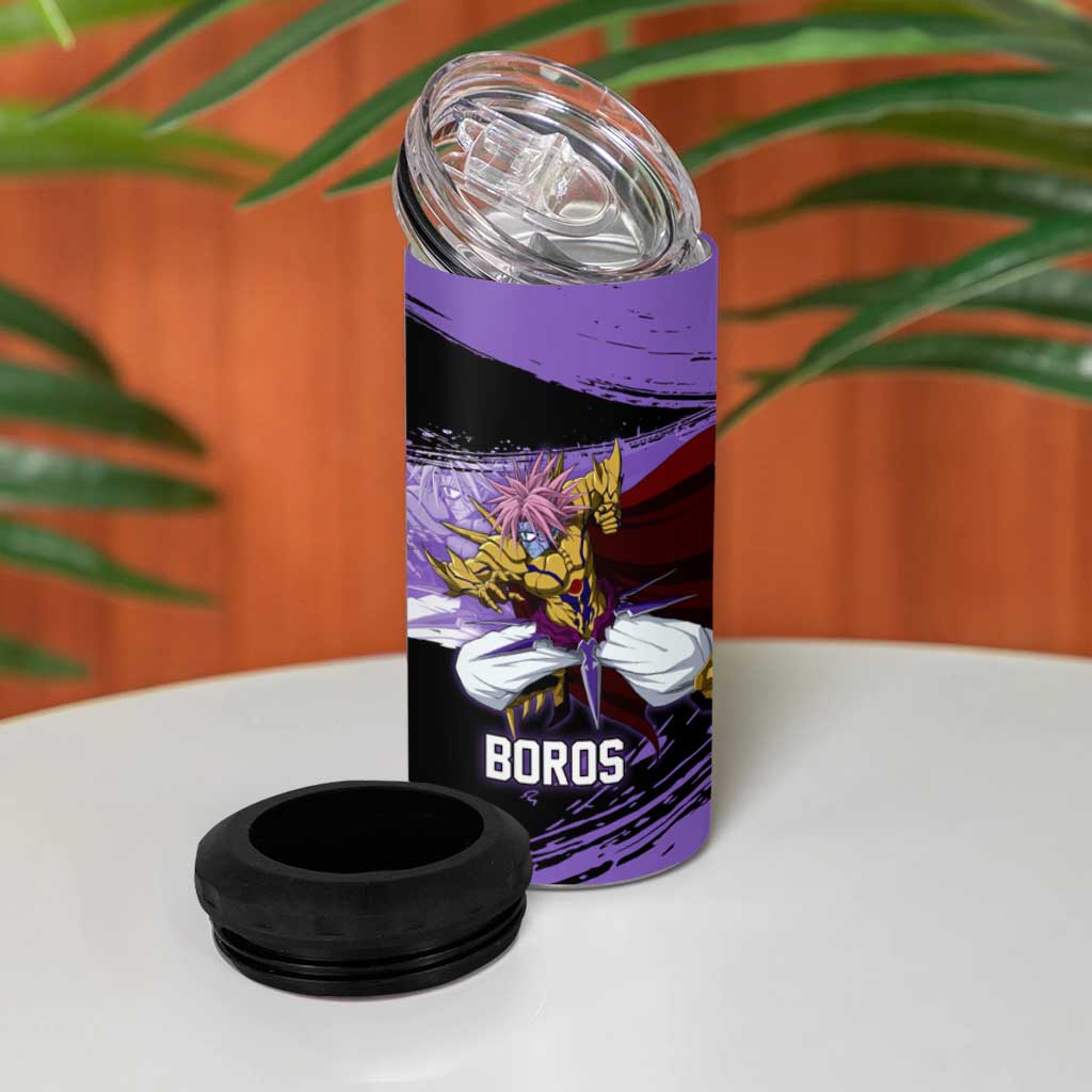 Boros One Punch Man Anime Purple and Black Theme 4 in 1 Can Cooler Tumbler with Galactic Overlord Design and Intense Battle Stance - The Mazicc