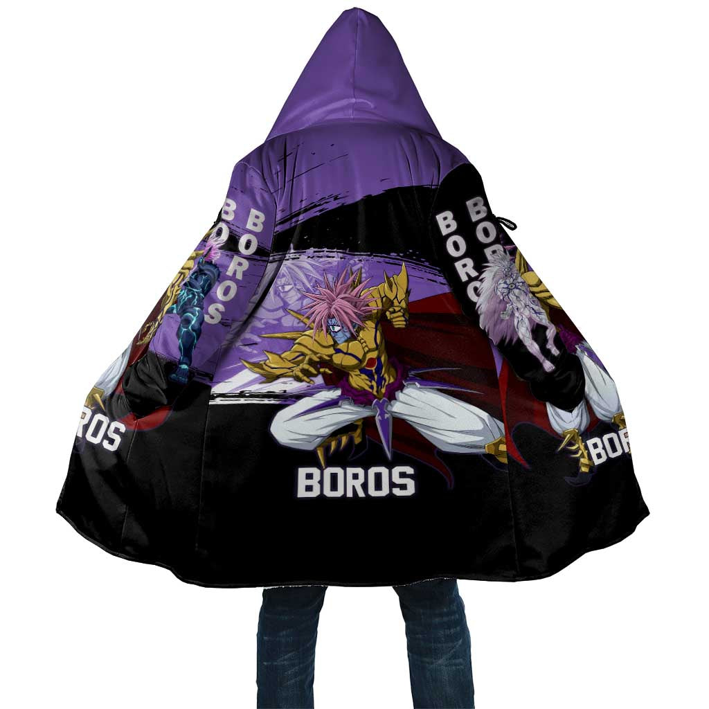 Boros One Punch Man Anime Purple and Black Theme Cloak with Galactic Overlord Design and Intense Battle Stance - The Mazicc
