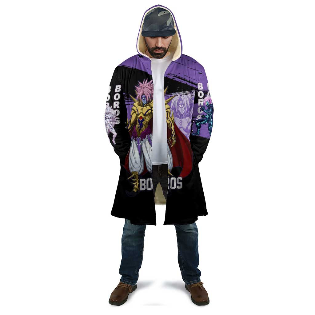 Boros One Punch Man Anime Purple and Black Theme Cloak with Galactic Overlord Design and Intense Battle Stance - The Mazicc