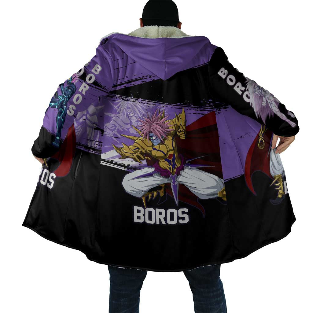 Boros One Punch Man Anime Purple and Black Theme Cloak with Galactic Overlord Design and Intense Battle Stance - The Mazicc