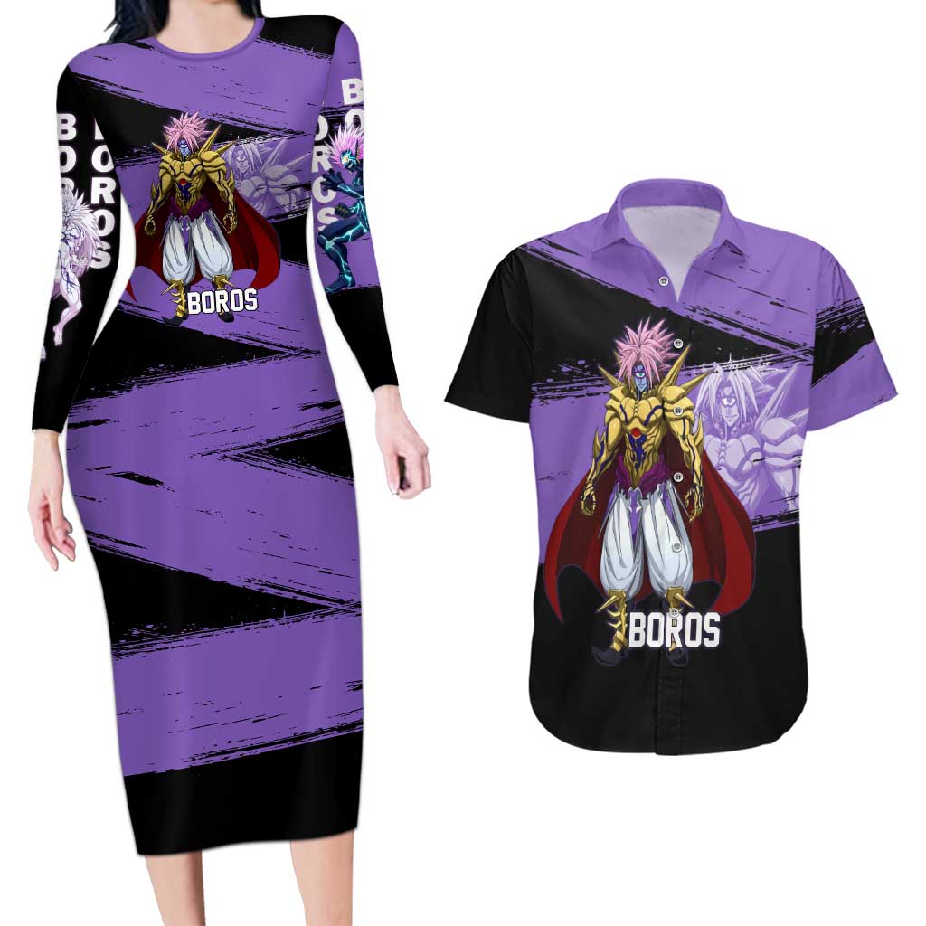 Boros One Punch Man Anime Purple and Black Theme Couples Matching Long Sleeve Bodycon Dress and Hawaiian Shirt with Galactic Overlord Design and Intense Battle Stance - The Mazicc