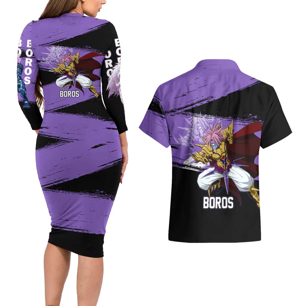 Boros One Punch Man Anime Purple and Black Theme Couples Matching Long Sleeve Bodycon Dress and Hawaiian Shirt with Galactic Overlord Design and Intense Battle Stance - The Mazicc