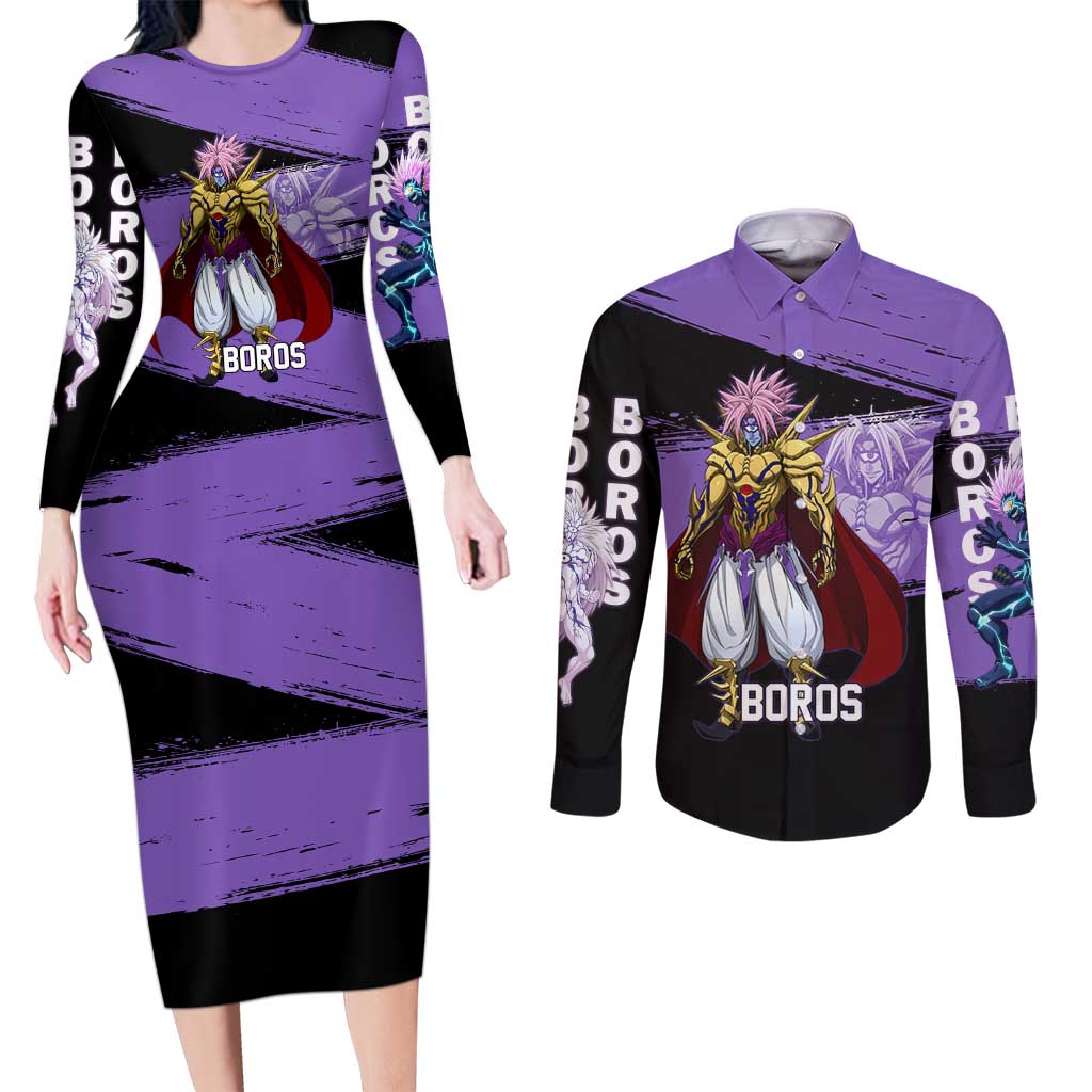 Boros One Punch Man Anime Purple and Black Theme Couples Matching Long Sleeve Bodycon Dress and Long Sleeve Button Shirt with Galactic Overlord Design and Intense Battle Stance - The Mazicc