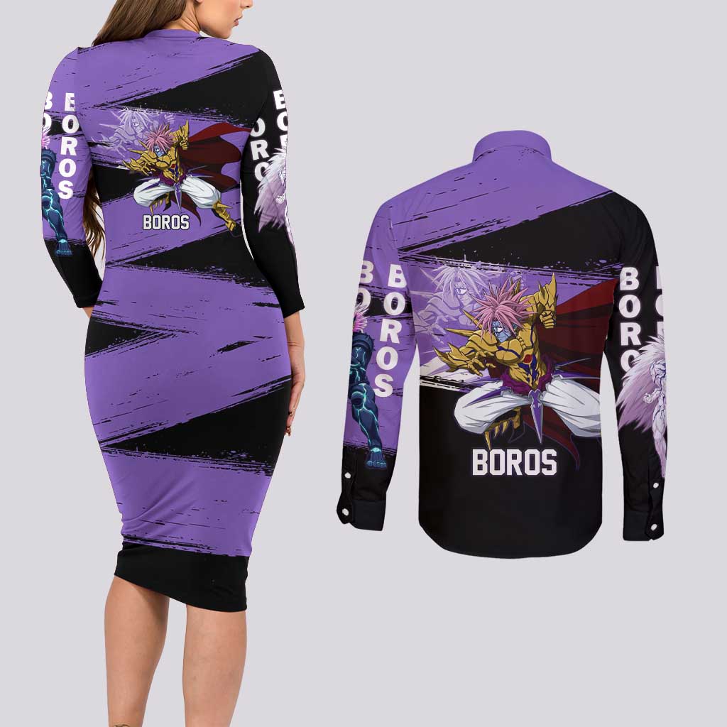 Boros One Punch Man Anime Purple and Black Theme Couples Matching Long Sleeve Bodycon Dress and Long Sleeve Button Shirt with Galactic Overlord Design and Intense Battle Stance - The Mazicc