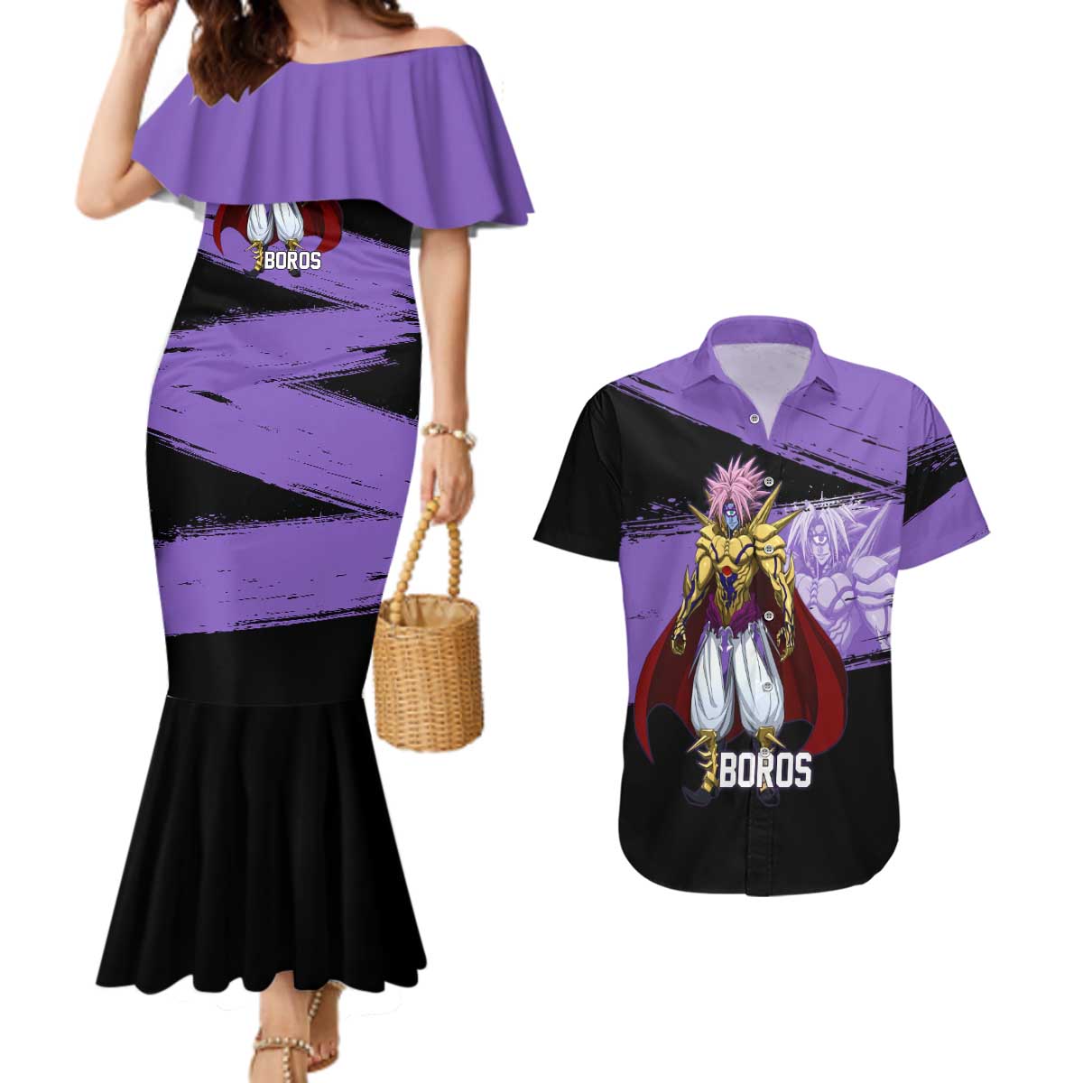 Boros One Punch Man Anime Purple and Black Theme Couples Matching Mermaid Dress and Hawaiian Shirt with Galactic Overlord Design and Intense Battle Stance - The Mazicc