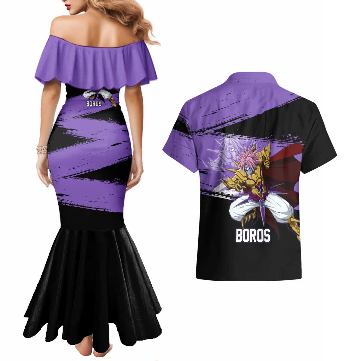 Boros One Punch Man Anime Purple and Black Theme Couples Matching Mermaid Dress and Hawaiian Shirt with Galactic Overlord Design and Intense Battle Stance - The Mazicc