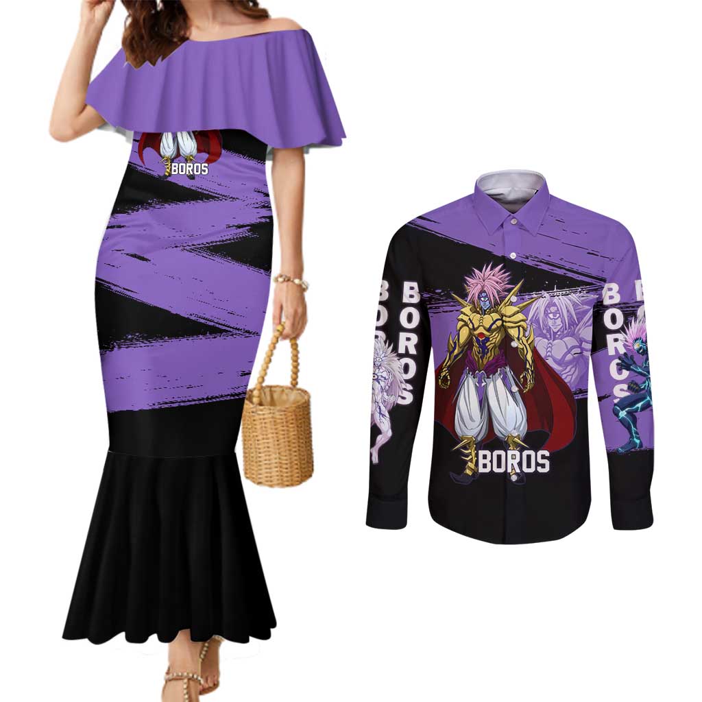 Boros One Punch Man Anime Purple and Black Theme Couples Matching Mermaid Dress and Long Sleeve Button Shirt with Galactic Overlord Design and Intense Battle Stance - The Mazicc