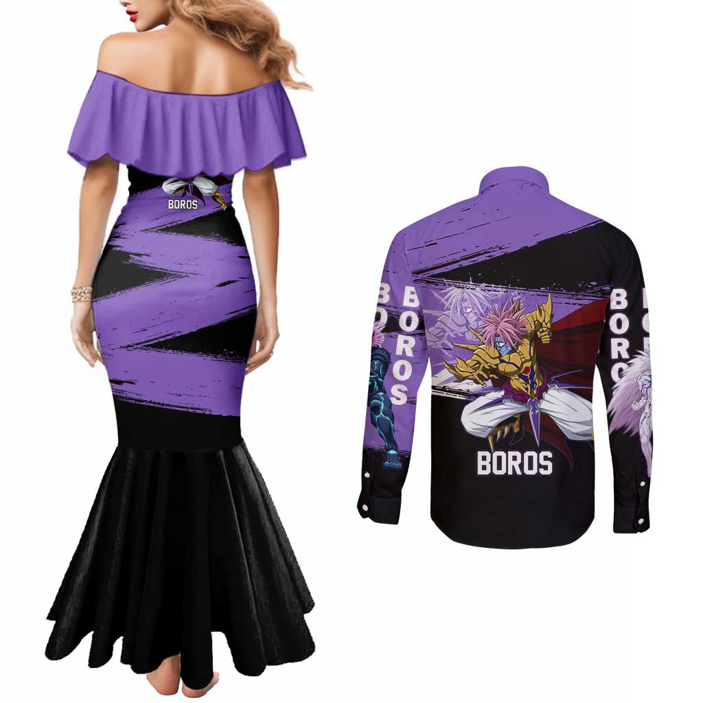 Boros One Punch Man Anime Purple and Black Theme Couples Matching Mermaid Dress and Long Sleeve Button Shirt with Galactic Overlord Design and Intense Battle Stance - The Mazicc