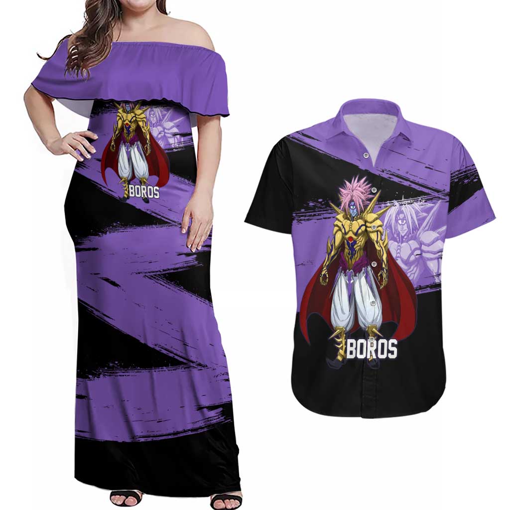 Boros One Punch Man Anime Purple and Black Theme Couples Matching Off Shoulder Maxi Dress and Hawaiian Shirt with Galactic Overlord Design and Intense Battle Stance - The Mazicc