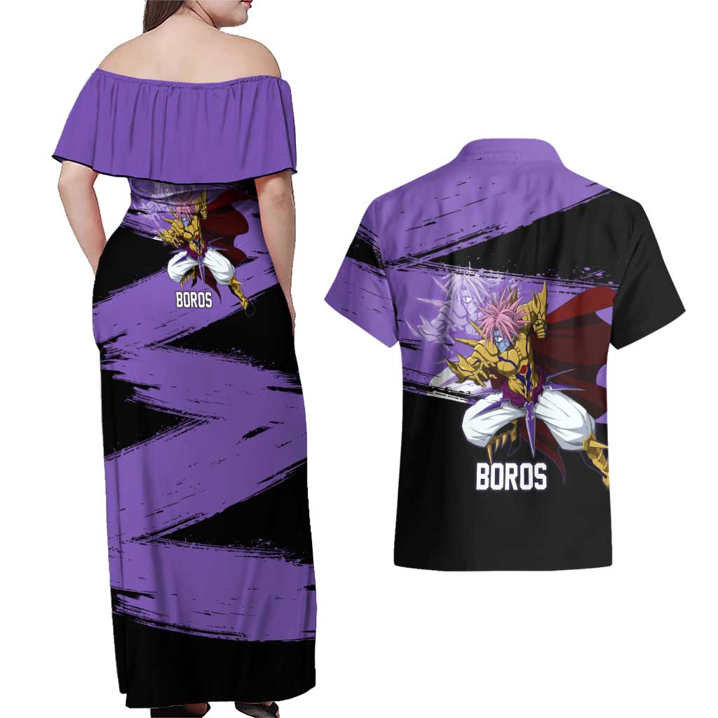 Boros One Punch Man Anime Purple and Black Theme Couples Matching Off Shoulder Maxi Dress and Hawaiian Shirt with Galactic Overlord Design and Intense Battle Stance - The Mazicc