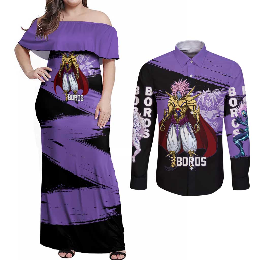 Boros One Punch Man Anime Purple and Black Theme Couples Matching Off Shoulder Maxi Dress and Long Sleeve Button Shirt with Galactic Overlord Design and Intense Battle Stance - The Mazicc