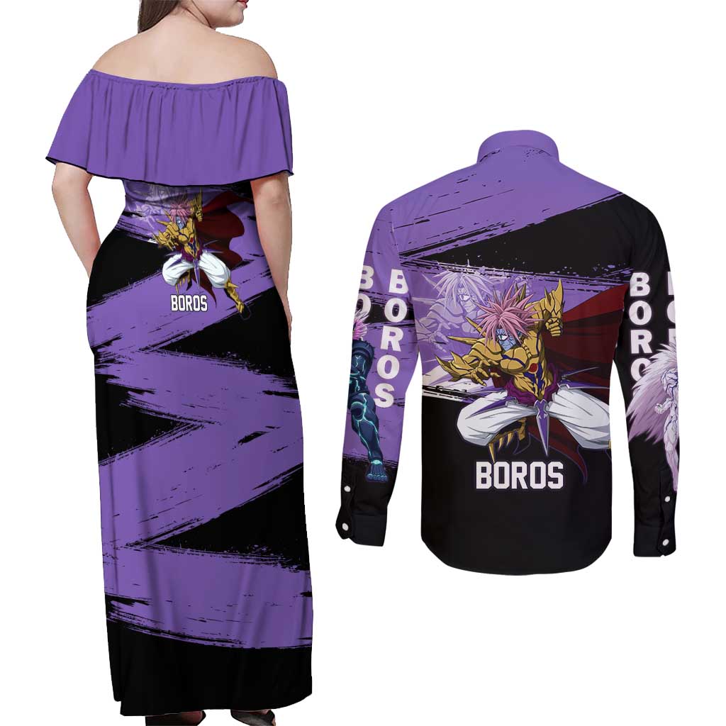 Boros One Punch Man Anime Purple and Black Theme Couples Matching Off Shoulder Maxi Dress and Long Sleeve Button Shirt with Galactic Overlord Design and Intense Battle Stance - The Mazicc