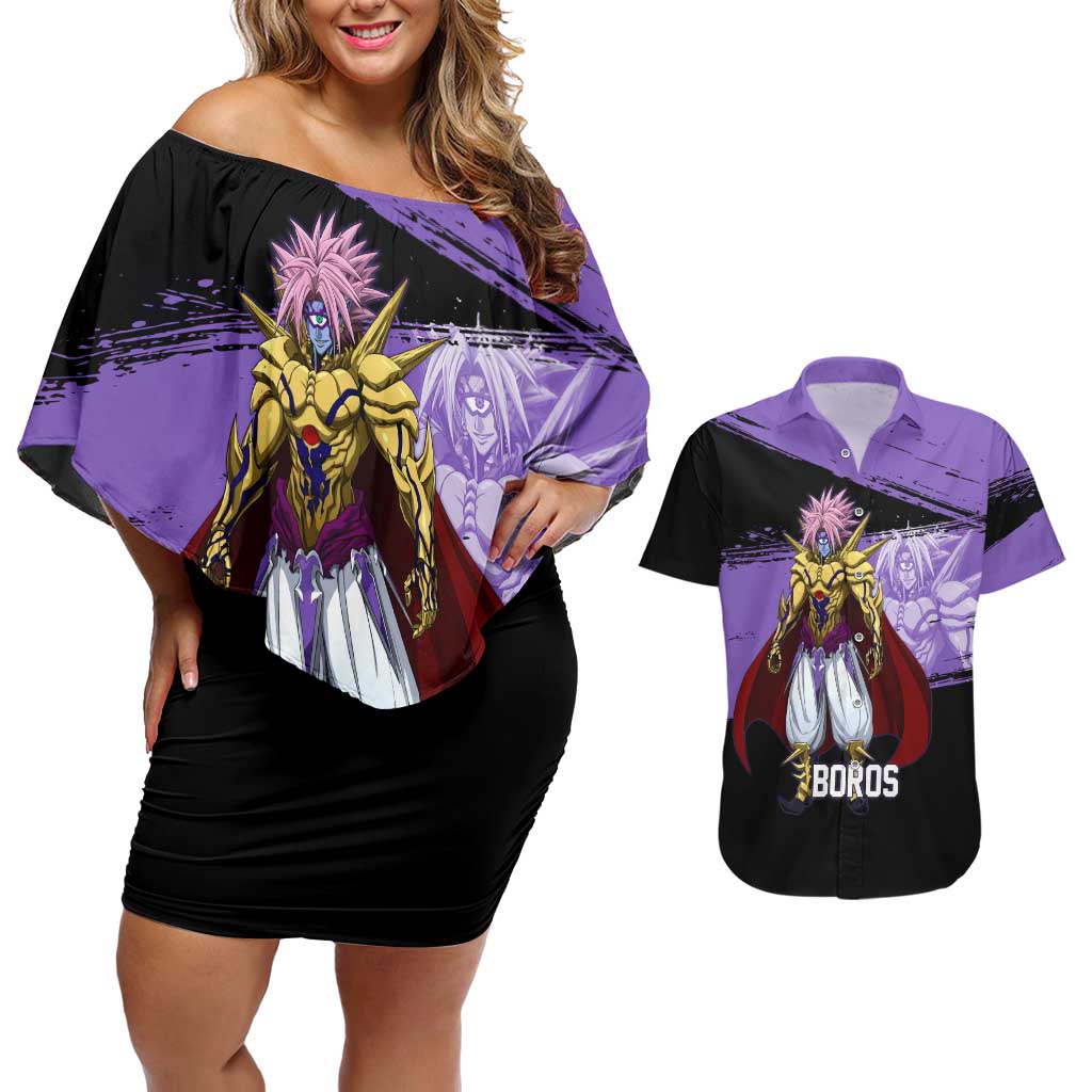 Boros One Punch Man Anime Purple and Black Theme Couples Matching Off Shoulder Short Dress and Hawaiian Shirt with Galactic Overlord Design and Intense Battle Stance - The Mazicc