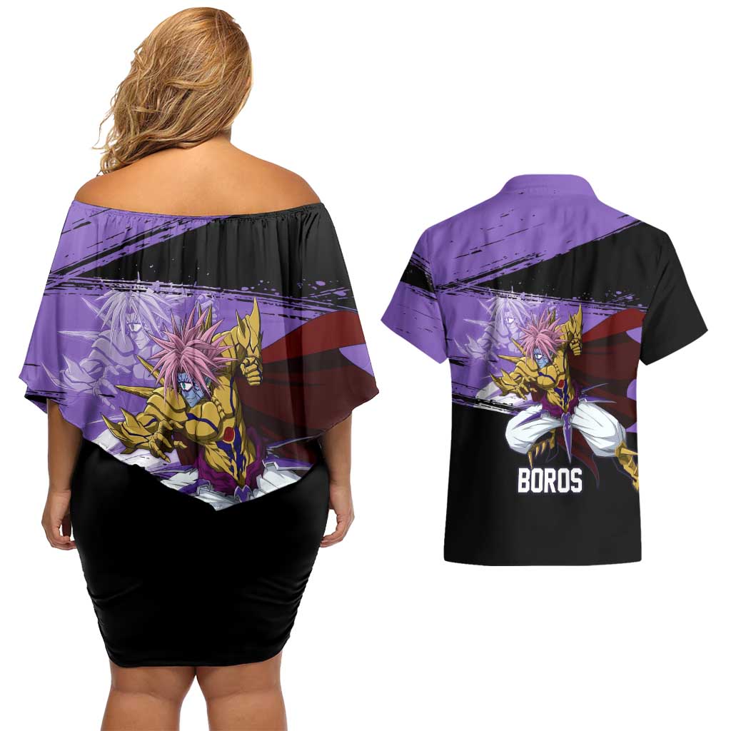 Boros One Punch Man Anime Purple and Black Theme Couples Matching Off Shoulder Short Dress and Hawaiian Shirt with Galactic Overlord Design and Intense Battle Stance - The Mazicc
