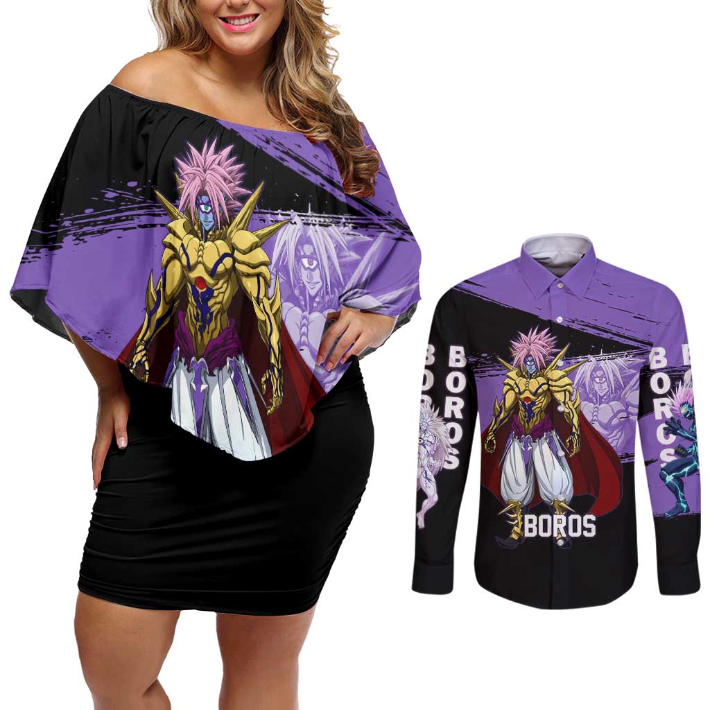 Boros One Punch Man Anime Purple and Black Theme Couples Matching Off Shoulder Short Dress and Long Sleeve Button Shirt with Galactic Overlord Design and Intense Battle Stance - The Mazicc
