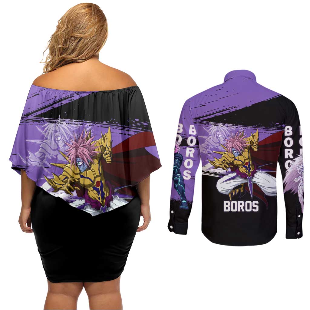 Boros One Punch Man Anime Purple and Black Theme Couples Matching Off Shoulder Short Dress and Long Sleeve Button Shirt with Galactic Overlord Design and Intense Battle Stance - The Mazicc