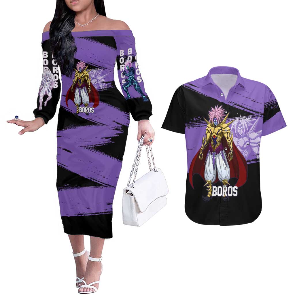 Boros One Punch Man Anime Purple and Black Theme Couples Matching Off The Shoulder Long Sleeve Dress and Hawaiian Shirt with Galactic Overlord Design and Intense Battle Stance - The Mazicc