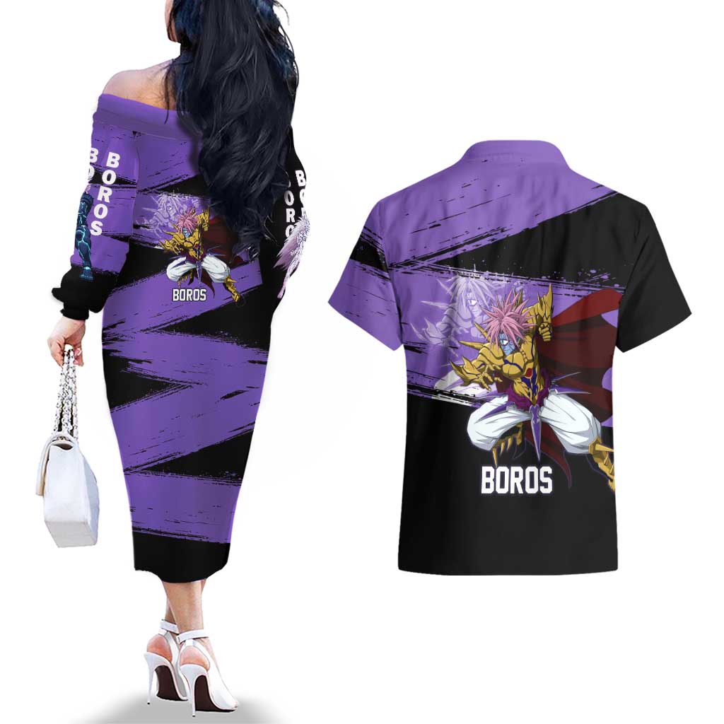 Boros One Punch Man Anime Purple and Black Theme Couples Matching Off The Shoulder Long Sleeve Dress and Hawaiian Shirt with Galactic Overlord Design and Intense Battle Stance - The Mazicc