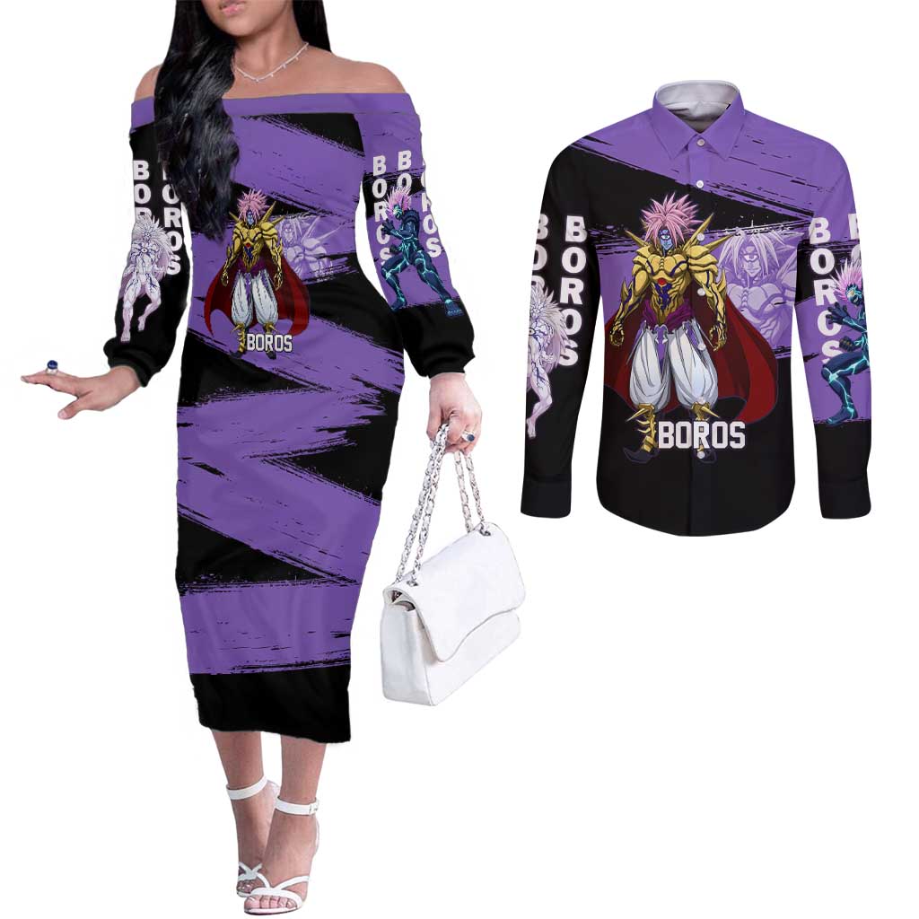 Boros One Punch Man Anime Purple and Black Theme Couples Matching Off The Shoulder Long Sleeve Dress and Long Sleeve Button Shirt with Galactic Overlord Design and Intense Battle Stance - The Mazicc