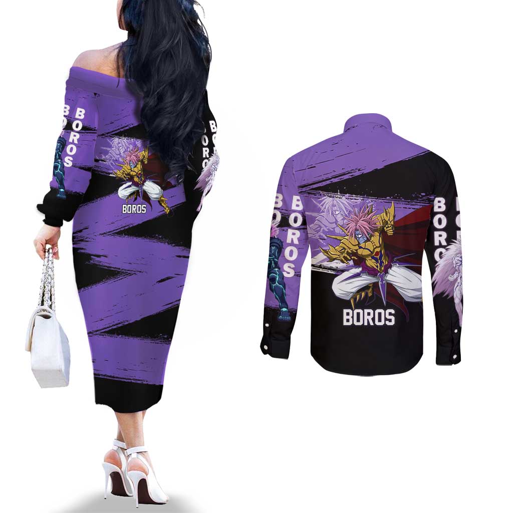 Boros One Punch Man Anime Purple and Black Theme Couples Matching Off The Shoulder Long Sleeve Dress and Long Sleeve Button Shirt with Galactic Overlord Design and Intense Battle Stance - The Mazicc