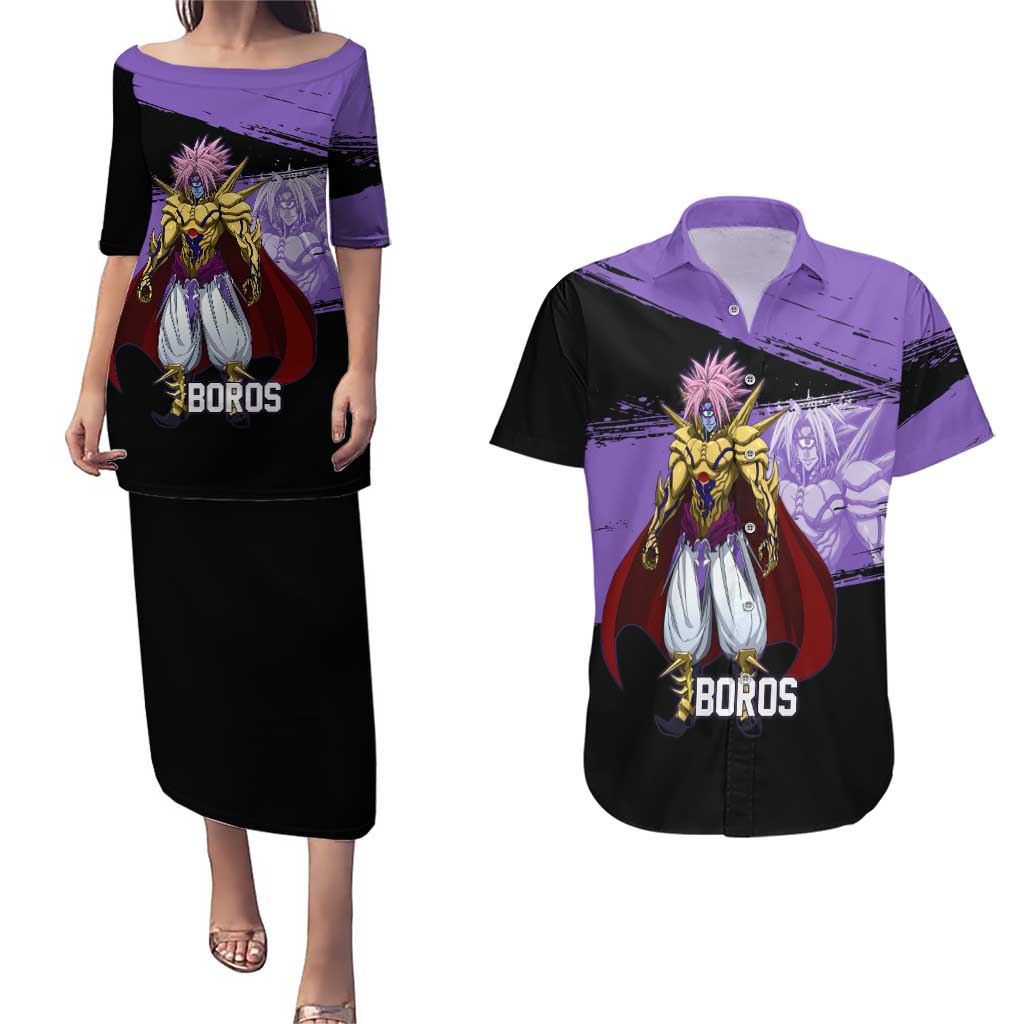 Boros One Punch Man Anime Purple and Black Theme Couples Matching Puletasi and Hawaiian Shirt with Galactic Overlord Design and Intense Battle Stance - The Mazicc