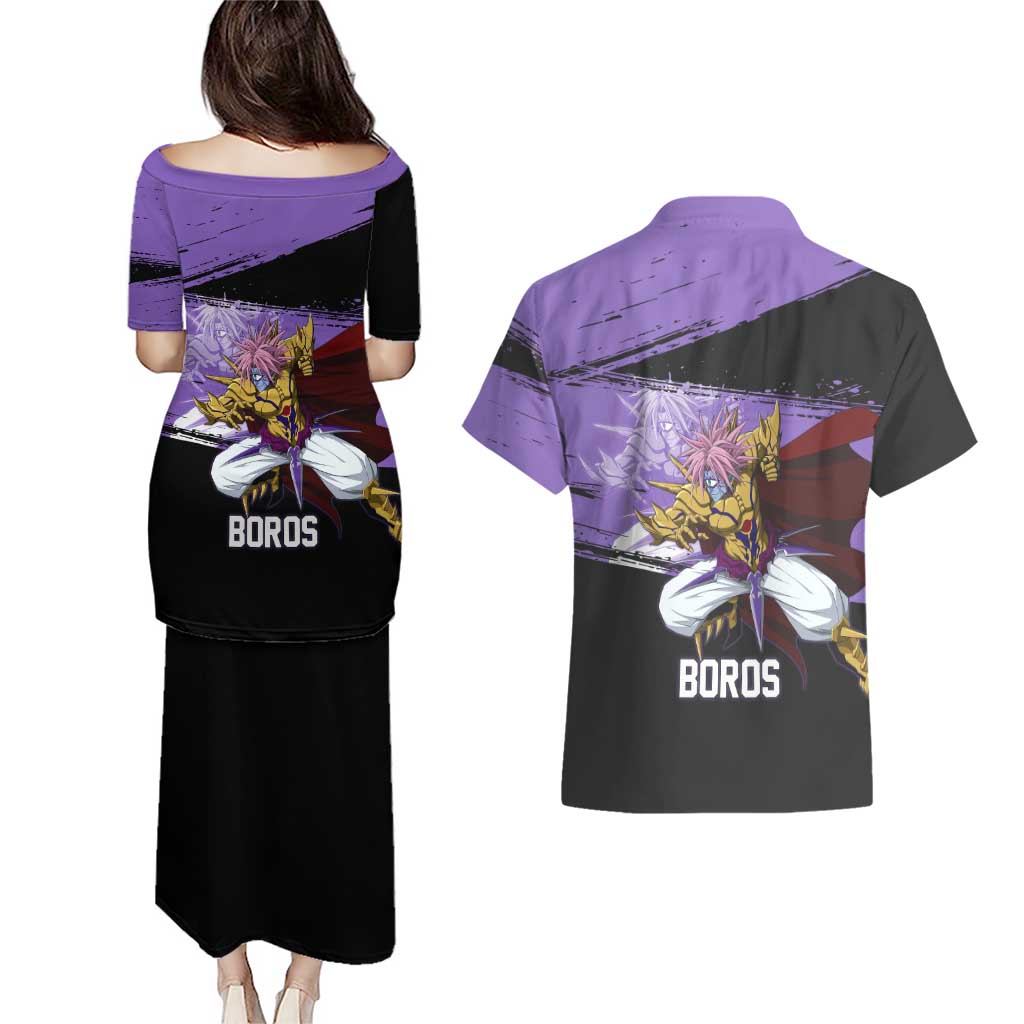 Boros One Punch Man Anime Purple and Black Theme Couples Matching Puletasi and Hawaiian Shirt with Galactic Overlord Design and Intense Battle Stance - The Mazicc