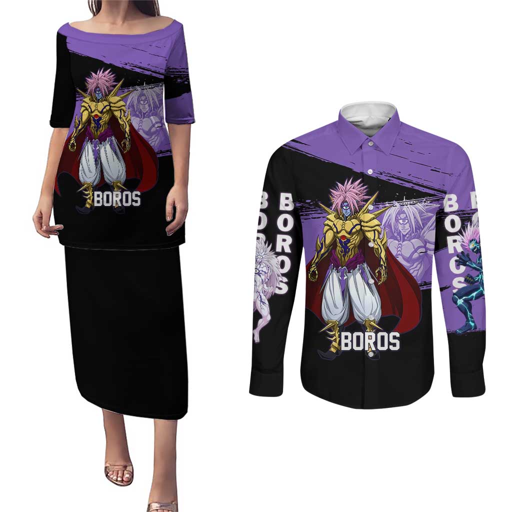 Boros One Punch Man Anime Purple and Black Theme Couples Matching Puletasi and Long Sleeve Button Shirt with Galactic Overlord Design and Intense Battle Stance - The Mazicc