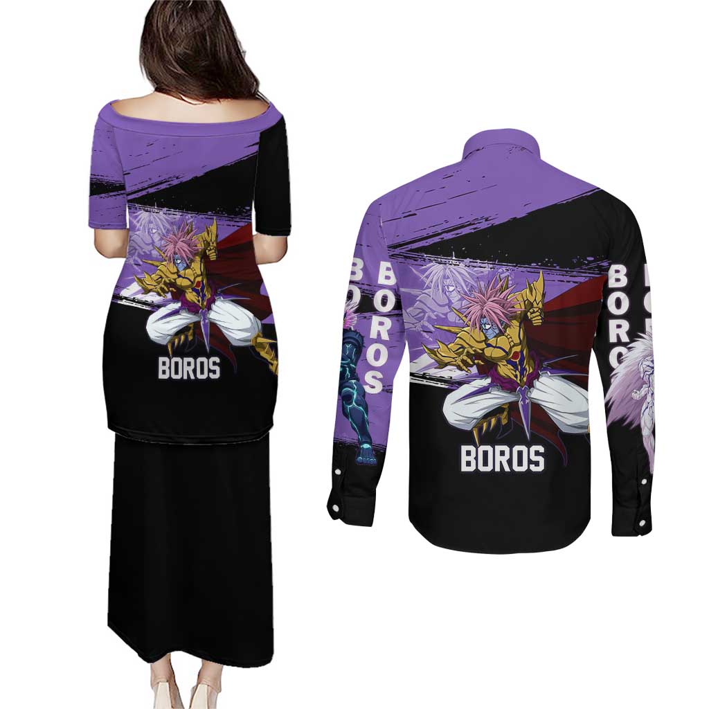 Boros One Punch Man Anime Purple and Black Theme Couples Matching Puletasi and Long Sleeve Button Shirt with Galactic Overlord Design and Intense Battle Stance - The Mazicc