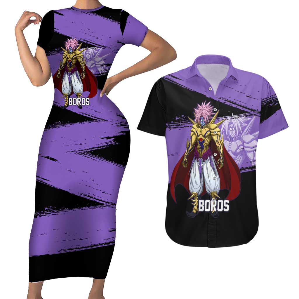 Boros One Punch Man Anime Purple and Black Theme Couples Matching Short Sleeve Bodycon Dress and Hawaiian Shirt with Galactic Overlord Design and Intense Battle Stance - The Mazicc
