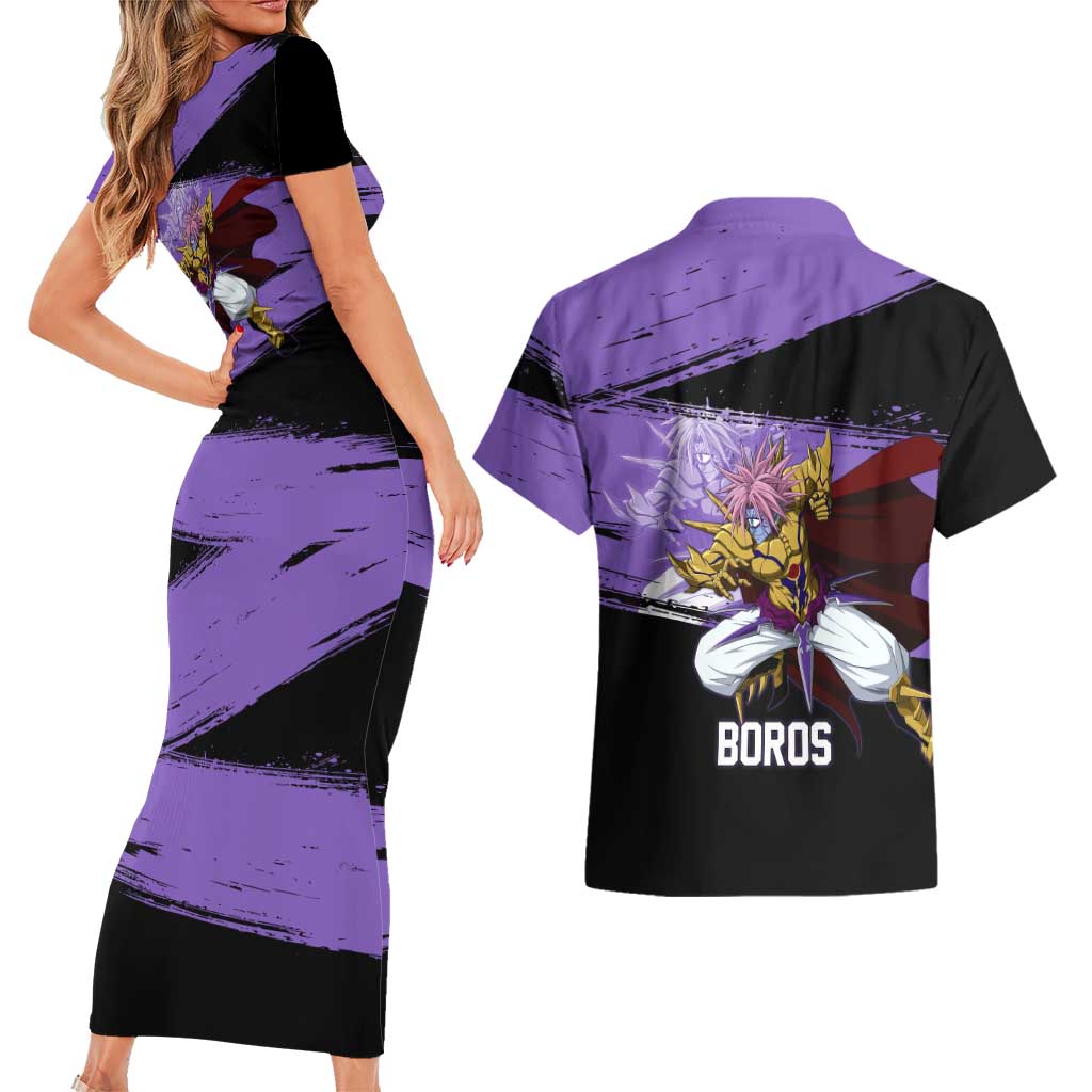 Boros One Punch Man Anime Purple and Black Theme Couples Matching Short Sleeve Bodycon Dress and Hawaiian Shirt with Galactic Overlord Design and Intense Battle Stance - The Mazicc