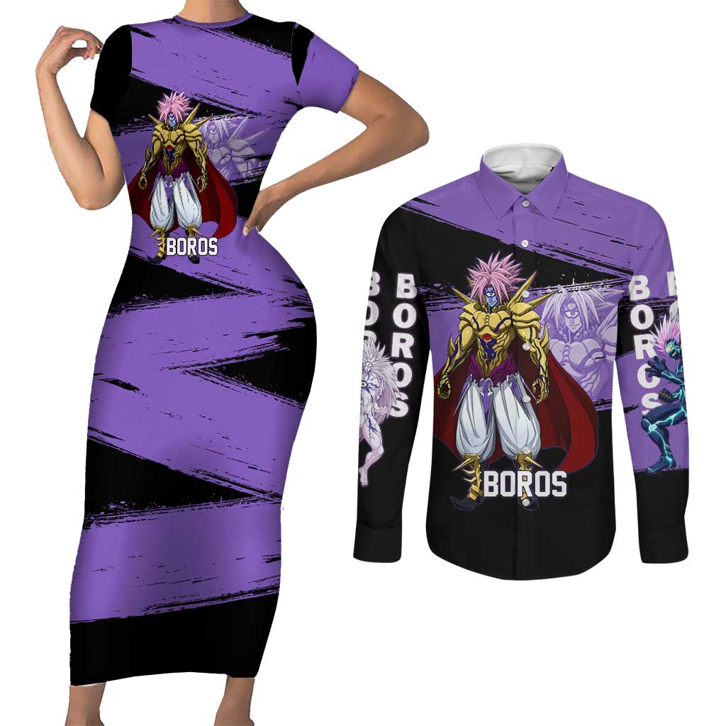 Boros One Punch Man Anime Purple and Black Theme Couples Matching Short Sleeve Bodycon Dress and Long Sleeve Button Shirt with Galactic Overlord Design and Intense Battle Stance - The Mazicc