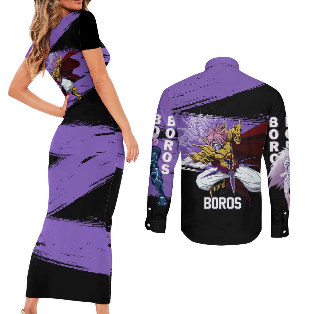 Boros One Punch Man Anime Purple and Black Theme Couples Matching Short Sleeve Bodycon Dress and Long Sleeve Button Shirt with Galactic Overlord Design and Intense Battle Stance - The Mazicc
