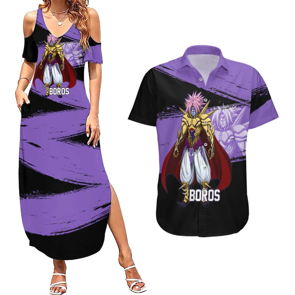 Boros One Punch Man Anime Purple and Black Theme Couples Matching Summer Maxi Dress and Hawaiian Shirt with Galactic Overlord Design and Intense Battle Stance - The Mazicc