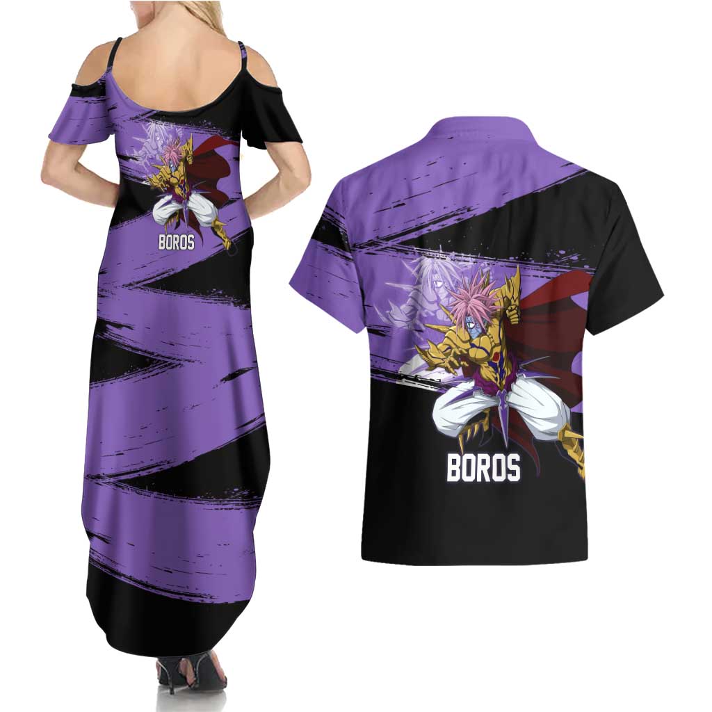 Boros One Punch Man Anime Purple and Black Theme Couples Matching Summer Maxi Dress and Hawaiian Shirt with Galactic Overlord Design and Intense Battle Stance - The Mazicc