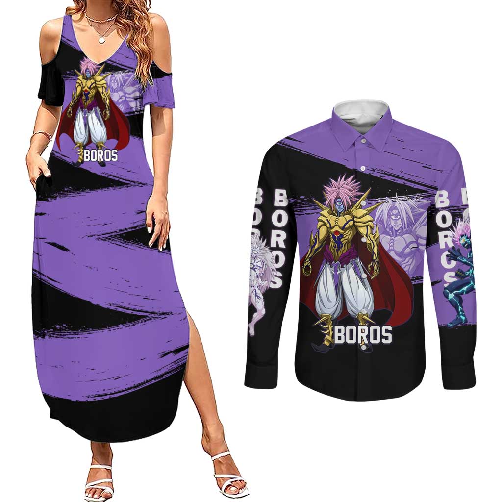 Boros One Punch Man Anime Purple and Black Theme Couples Matching Summer Maxi Dress and Long Sleeve Button Shirt with Galactic Overlord Design and Intense Battle Stance - The Mazicc