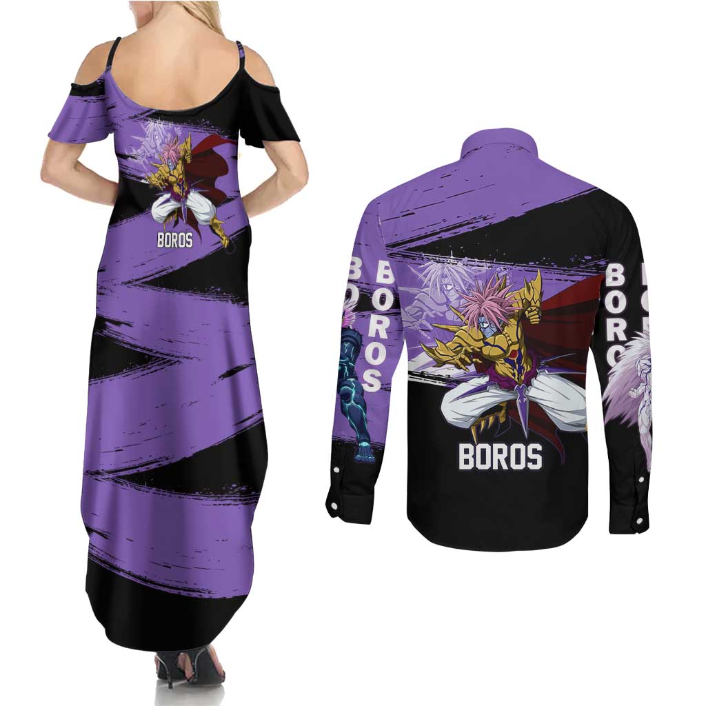 Boros One Punch Man Anime Purple and Black Theme Couples Matching Summer Maxi Dress and Long Sleeve Button Shirt with Galactic Overlord Design and Intense Battle Stance - The Mazicc