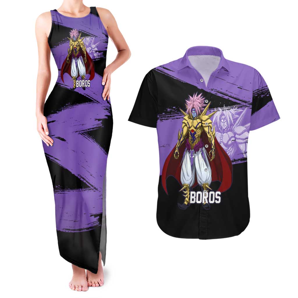 Boros One Punch Man Anime Purple and Black Theme Couples Matching Tank Maxi Dress and Hawaiian Shirt with Galactic Overlord Design and Intense Battle Stance - The Mazicc