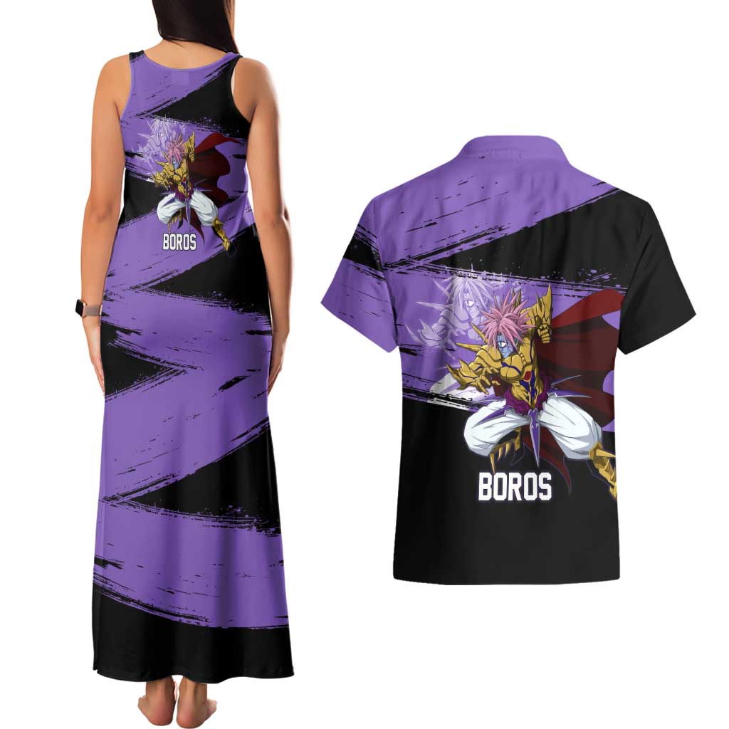 Boros One Punch Man Anime Purple and Black Theme Couples Matching Tank Maxi Dress and Hawaiian Shirt with Galactic Overlord Design and Intense Battle Stance - The Mazicc