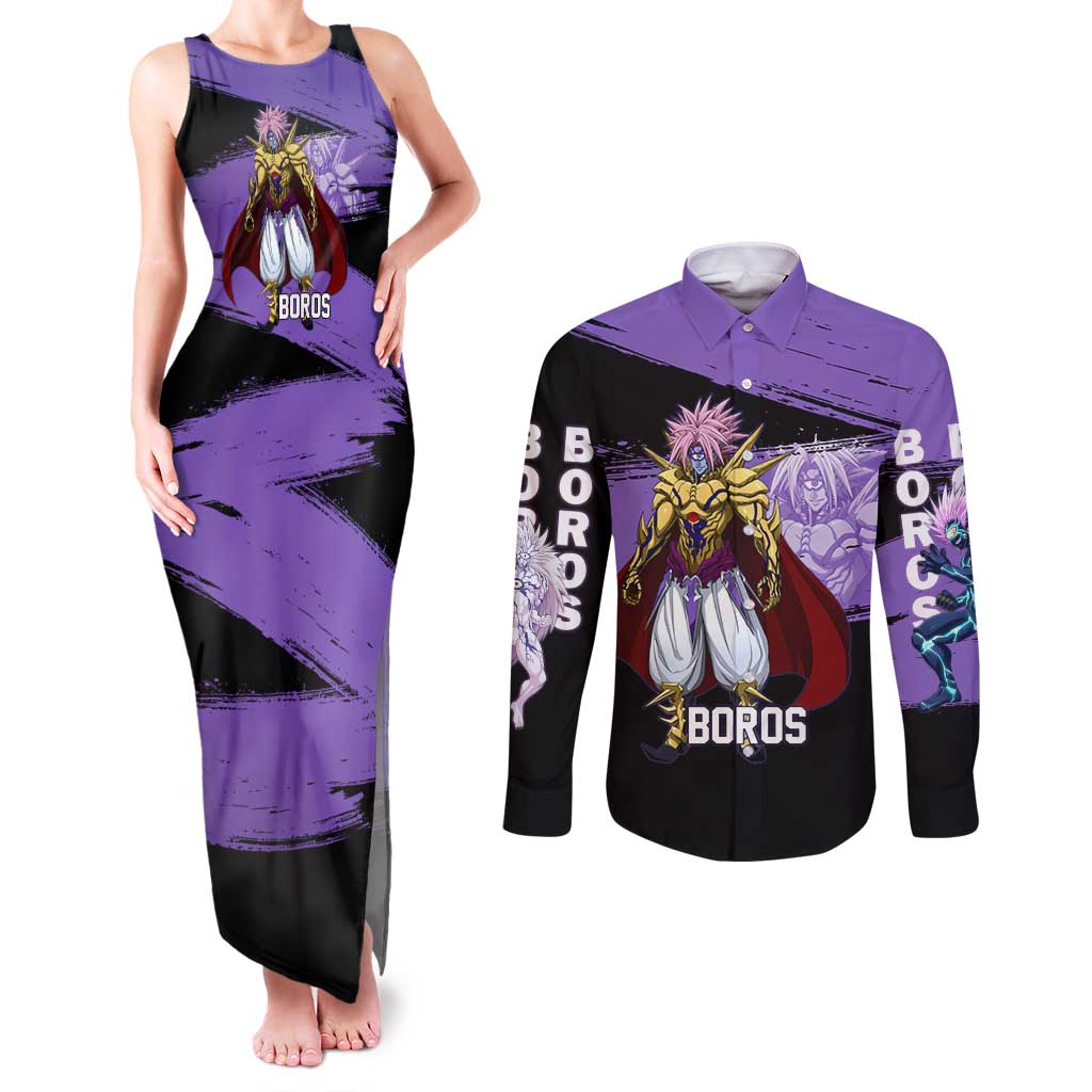 Boros One Punch Man Anime Purple and Black Theme Couples Matching Tank Maxi Dress and Long Sleeve Button Shirt with Galactic Overlord Design and Intense Battle Stance - The Mazicc