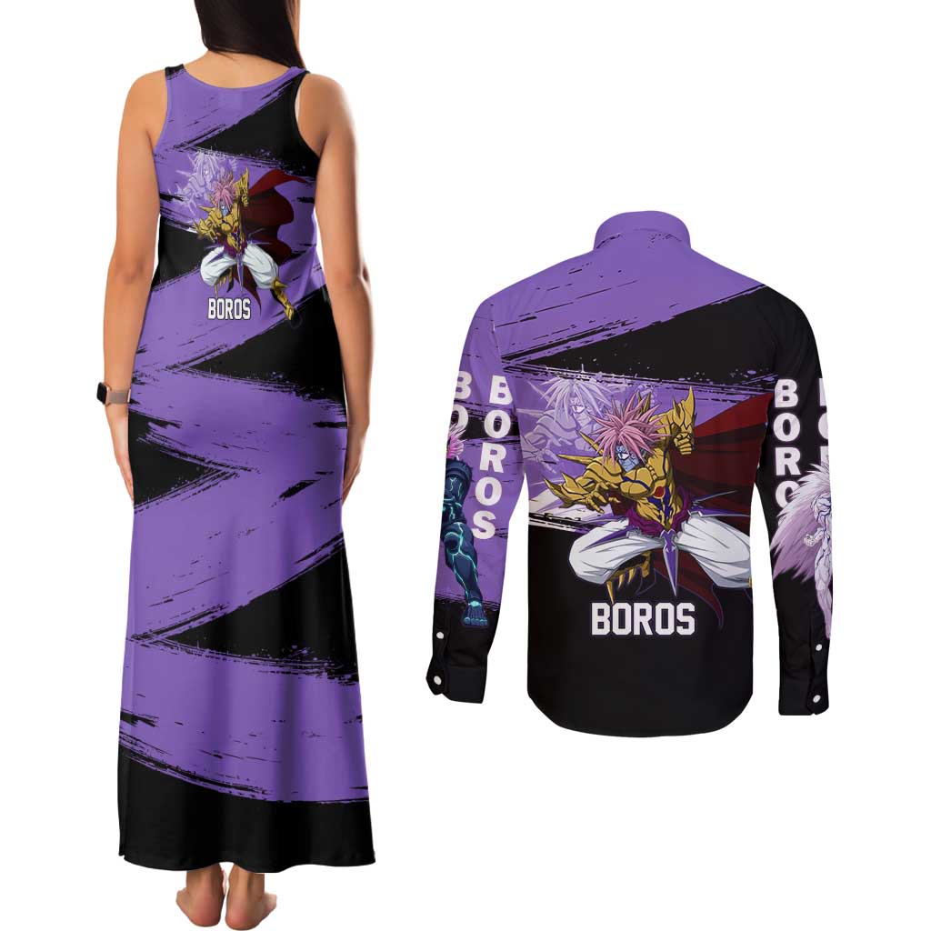 Boros One Punch Man Anime Purple and Black Theme Couples Matching Tank Maxi Dress and Long Sleeve Button Shirt with Galactic Overlord Design and Intense Battle Stance - The Mazicc