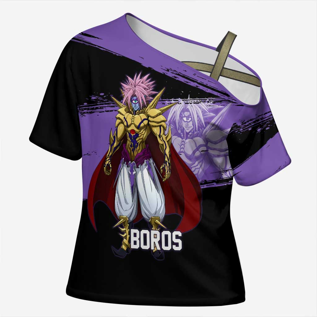 Boros One Punch Man Anime Purple and Black Theme Cross Shoulder Shirt with Galactic Overlord Design and Intense Battle Stance - The Mazicc