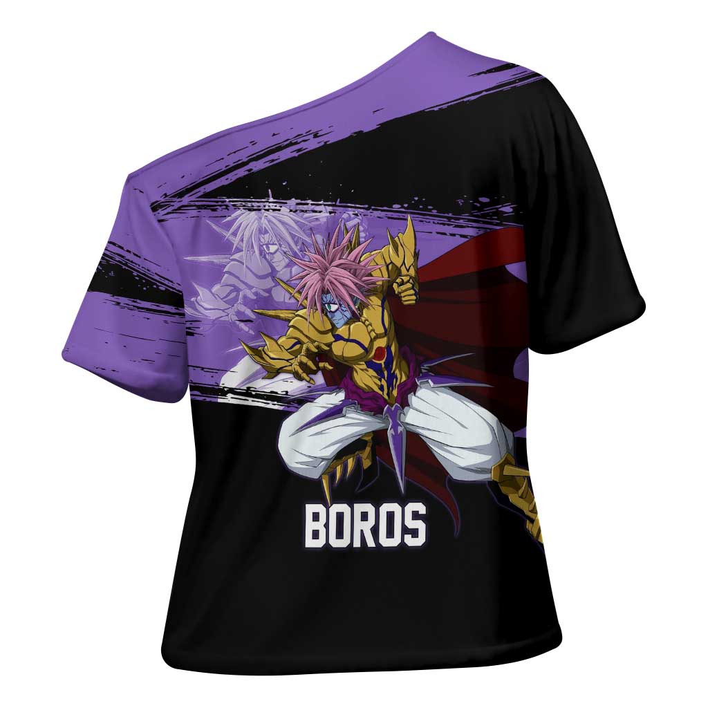 Boros One Punch Man Anime Purple and Black Theme Cross Shoulder Shirt with Galactic Overlord Design and Intense Battle Stance - The Mazicc