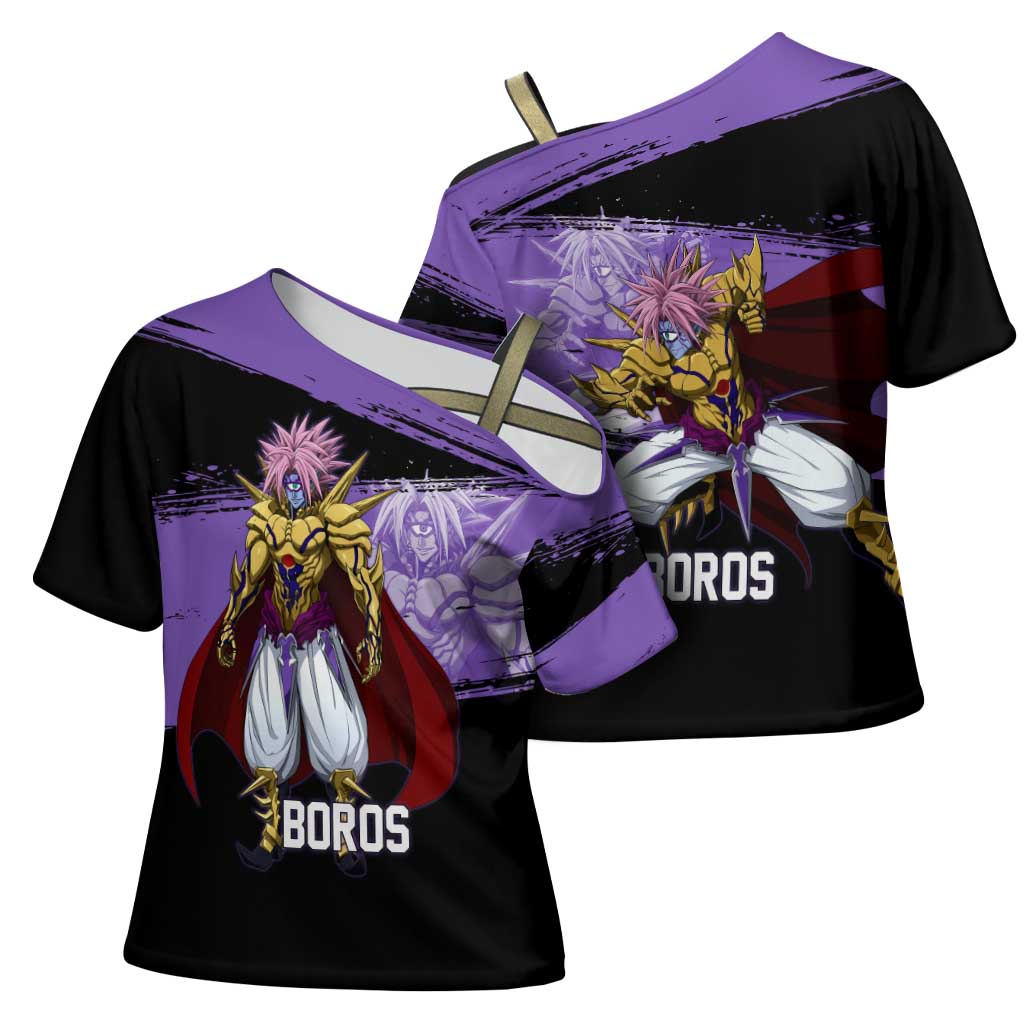 Boros One Punch Man Anime Purple and Black Theme Cross Shoulder Shirt with Galactic Overlord Design and Intense Battle Stance - The Mazicc