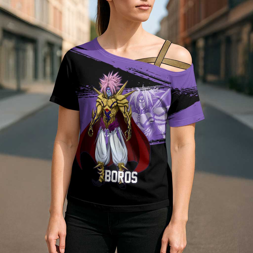 Boros One Punch Man Anime Purple and Black Theme Cross Shoulder Shirt with Galactic Overlord Design and Intense Battle Stance - The Mazicc
