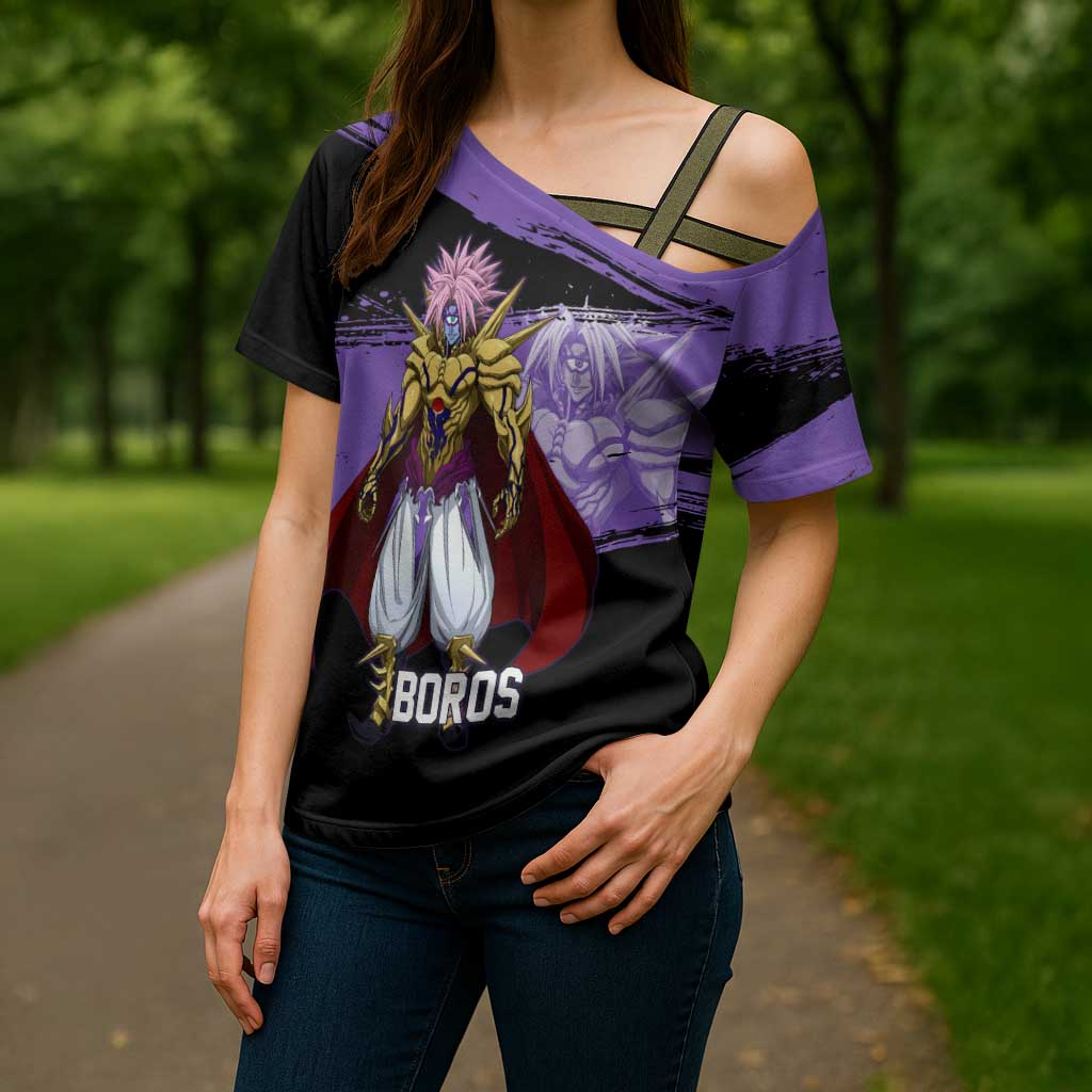Boros One Punch Man Anime Purple and Black Theme Cross Shoulder Shirt with Galactic Overlord Design and Intense Battle Stance - The Mazicc
